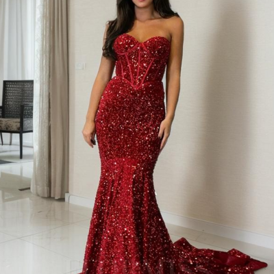 Sweetheart court train sequins mermaid prom dresses