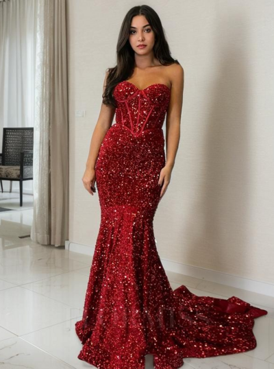 Sweetheart Court Train Sequins Mermaid Prom Dresses