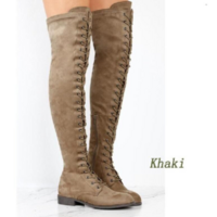 Suede Low Chunky Heel Lace Up Side Zipper Over the Knee Boots - Thumbnail 2