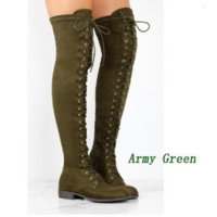 Suede Low Chunky Heel Lace Up Side Zipper Over the Knee Boots - Thumbnail 3