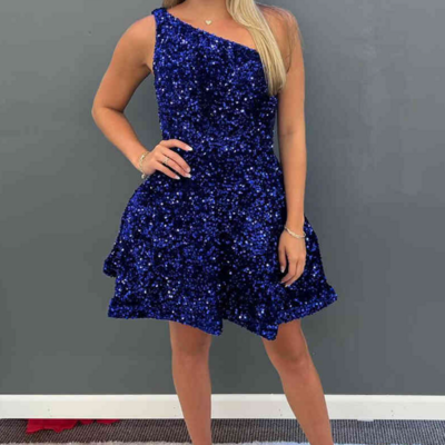 One shoulder sequin royal blue short prom dresses
