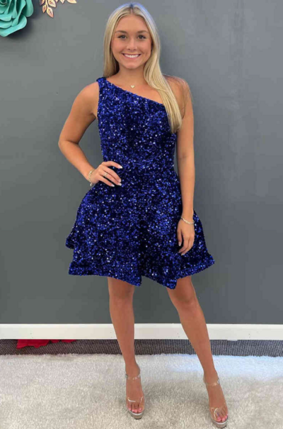 One Shoulder Sequin Royal Blue Short Prom Dresses
