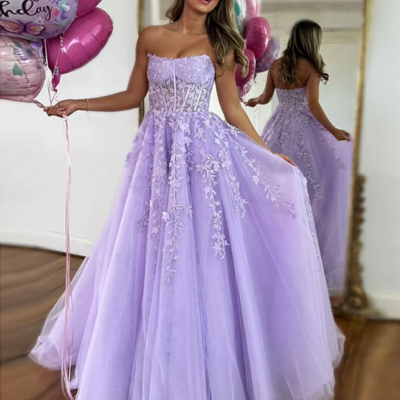 Strapless purple violet lace prom dresses - Thumbnail 1