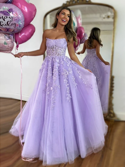 Strapless Purple Violet Lace Prom Dresses