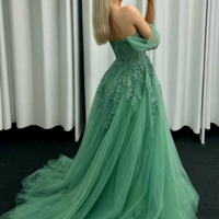 A-line Off Shoulder Floral Sage Green Formal Prom Dresses - Thumbnail 2