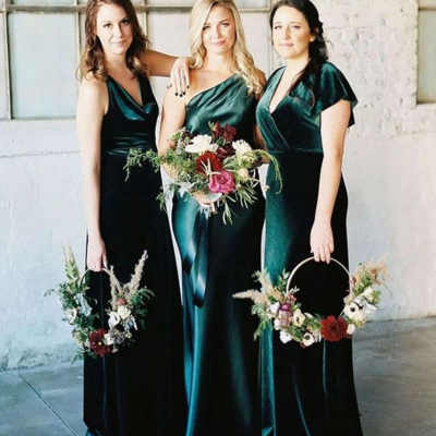 A line green velvet sleeveless prom bridesmaid dresses 