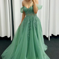 A-line Off Shoulder Floral Sage Green Formal Prom Dresses - Thumbnail 1