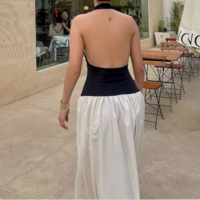 Fashionable loose backless stitching pleated temperament slim floor-length dress - Thumbnail 2