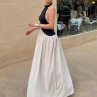 Fashionable loose backless stitching pleated temperament slim floor-length dress - Thumbnail 3