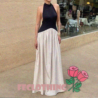 Fashionable loose backless stitching pleated temperament slim floor-length dress - Thumbnail 3