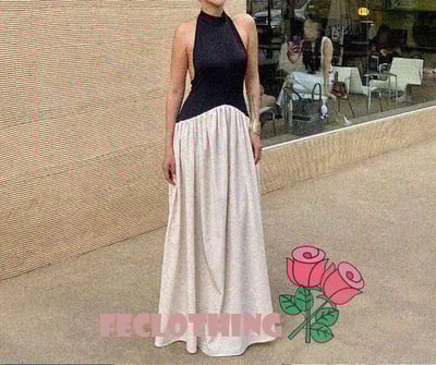 Fashionable loose backless stitching pleated temperament slim floor-length dress