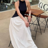 Fashionable loose backless stitching pleated temperament slim floor-length dress - Thumbnail 1