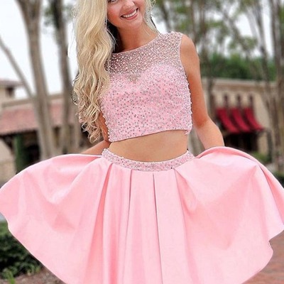 Round neck two pieces beades pink prom, homecoming, formal dresses, pd230113 - Thumbnail 5
