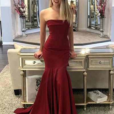 Mermaid burgundy strapless sweep train elastic satin long prom, formal evening dresses, pd230114 - Thumbnail 4