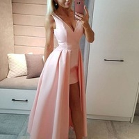 A Line High Low Ruched V Neck Black/Pink Satin Prom, Formal Evening, High Low Graduation Dresses, PD230116 - Thumbnail 1
