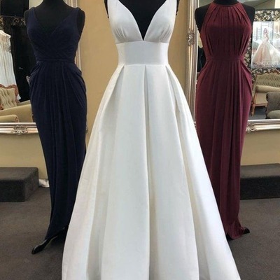 A line v neck satin long white prom, evening, formal dresses, pd230119 - Thumbnail 5