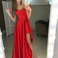 A Line Asymmetry Floor Length Red/White V Neck Prom with Pleats, Formal Evening, Graduation Dresses, PD230115 - Thumbnail 1