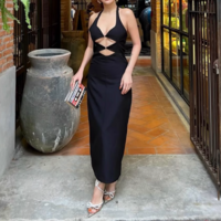 Halter neck fitted dress with buckled opening - Thumbnail 1