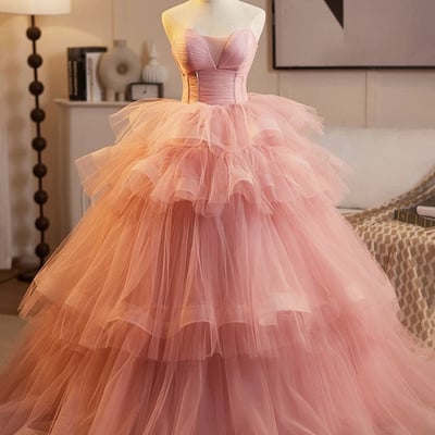 Pink tulle layers ruffles formal evening dress, beautiful a-line sweet 16 dress - Thumbnail 1