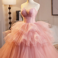 Pink Tulle Layers Ruffles Formal Evening Dress, Beautiful A-line Sweet 16 Dress - Thumbnail 4