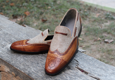 Crafted Leather Classic Men Brown / Tweed Leather Moccasin Loafers Wingtip Dress Shoes