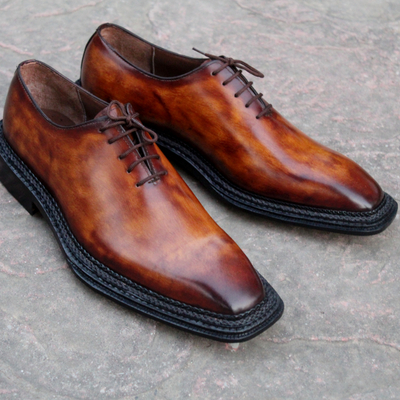 Crafted leather classic men brown patina leather norwegian welted dress shoes - Thumbnail 3