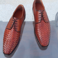 Crafted Leather Classic Men Brown Woven Leather Lace up Dress Shoes - Thumbnail 4