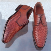 Crafted Leather Classic Men Brown Woven Leather Lace up Dress Shoes - Thumbnail 7