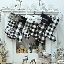 Black White Grey Plaid Personalized Christmas Stockings | Farmhouse Buffalo Check Rustic Decor Faux Fur Reindeer Embroidered Name Wood Tag