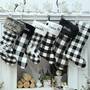 Black White Grey Plaid Personalized Christmas Stockings | Farmhouse Buffalo Check Rustic Decor Faux Fur Reindeer Embroidered Name Wood Tag-1
