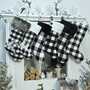 Black White Grey Plaid Personalized Christmas Stockings | Farmhouse Buffalo Check Rustic Decor Faux Fur Reindeer Embroidered Name Wood Tag-2