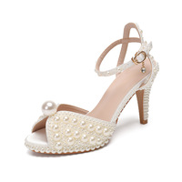 Handmade pearl high heels wedding dress bridal shoes bridesmaids stiletto sandals 2 colors - Thumbnail 6