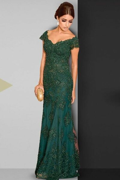Elegant Dark Green Mother of the Bride/Groom Dress Lace Appliques Side Slit Evening Formal Prom Dress