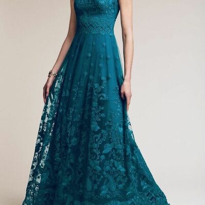 Elegant mother of the bride/groom dress blue lace evening formal prom dress