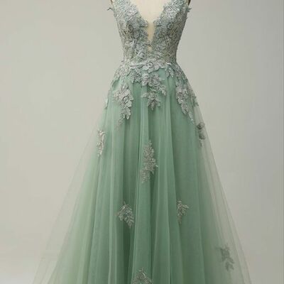 Elegant mint green mother of the bride/groom dress lace appliques evening formal prom dress
