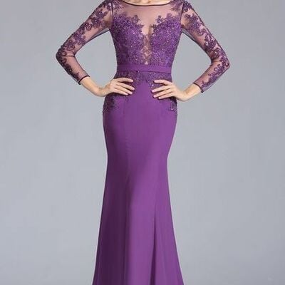 Elegant purple mother of the bride/groom dress lace appliques evening formal prom dress