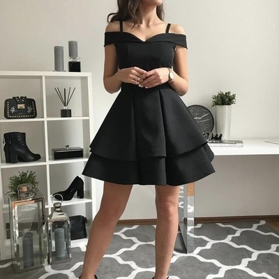 Layered black short off the shoulder prom, black homecoming, graduation, evening dresses, pd2301234