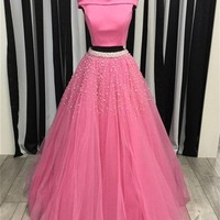 Off the Shoulder Beading Pink/Light Sky Blue Prom, Formal, Long Evening Dresses, PD2301235 - Thumbnail 1