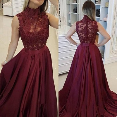 A line high neck beading burgundy satin long lace prom, formal evening dresses, pd2301236 - Thumbnail 3