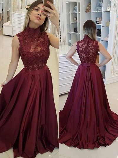 A Line High Neck Beading Burgundy Satin Long Lace Prom, Formal Evening Dresses, PD2301236