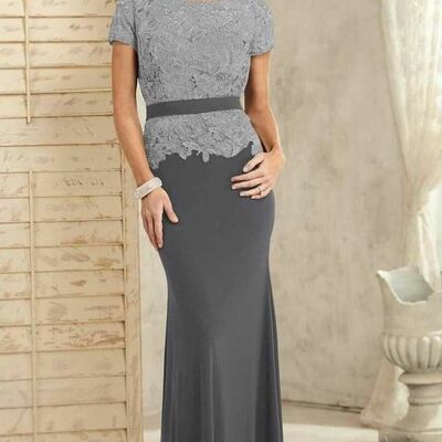 Elegant grey mother of the bride/groom dress lace evening formal prom dress