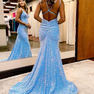 Blue sequins long backless mermaid prom dresses, pd230131 - Thumbnail 4