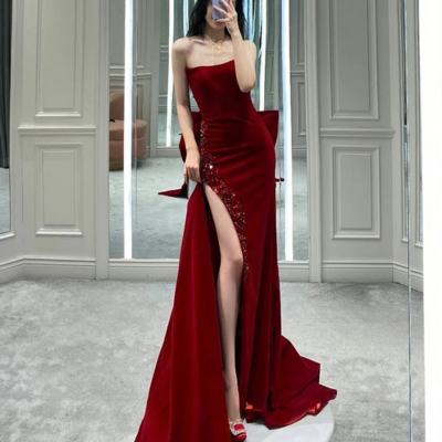 Strapless mermaid wine red stain prom dress with high split - Thumbnail 2