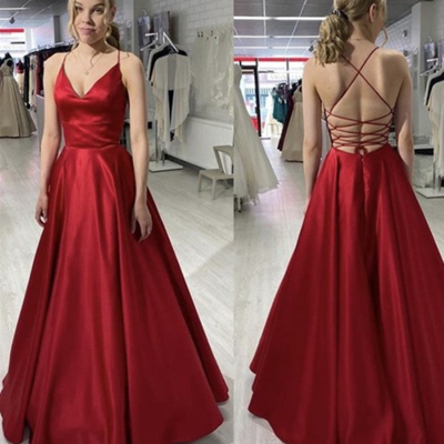 Spaghetti straps burgundy a-line v-neck long open back evening dresses - Thumbnail 2