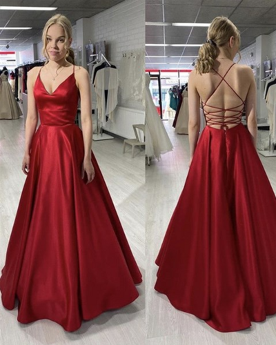 Spaghetti Straps Burgundy A-Line V-Neck Long Open Back Evening Dresses