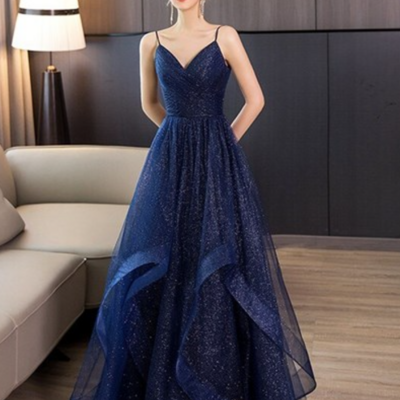 Spaghetti strap navy blue v-neck backless prom dresses  - Thumbnail 2