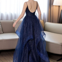 Spaghetti Strap Navy Blue V-Neck Backless Prom Dresses  - Thumbnail 1