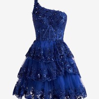 A Line One Shoulder Lace Navy Tiered Short Homecoming Dress, PD230139 - Thumbnail 4