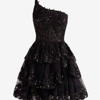 A Line One Shoulder Lace Navy Tiered Short Homecoming Dress, PD230139 - Thumbnail 5