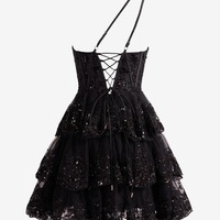 A Line One Shoulder Lace Navy Tiered Short Homecoming Dress, PD230139 - Thumbnail 6